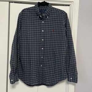 Ralph Lauren Mens Large Plaid Button Down Shirt Navy Green Red Long Sleeve Pony